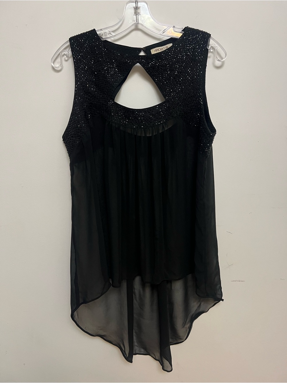 Arden B Black Beaded Sheer Chiffon High-Low Tunic Top Blouse Size XL